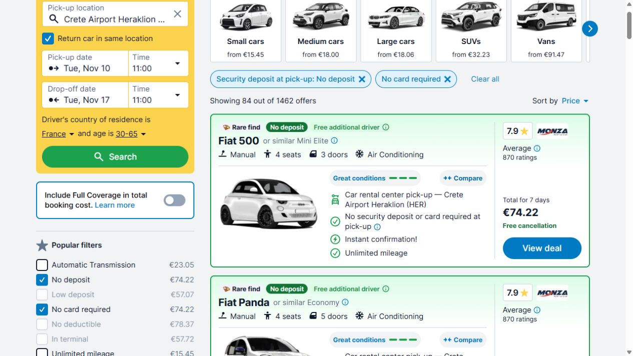 Fiat 500 MONZA à 74,22 euros avec les deux filtres sans dépôt et sans carte